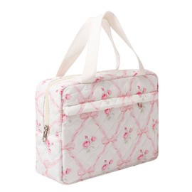 Cute Cotton Makeup Bag for Women Girls, Large Travel Cosmetic Tote, Makeup Organizer with Zipper, Toiletry Pouch, Versatile Purse for Daily Use Travel (Pink bow)