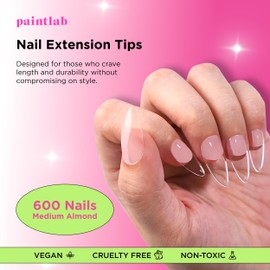 PaintLab Nail Extension Tips, Medium Almond Shape, Lightweight and Durable False Nail Tips for Professional and Home Use, 600-Piece Set
