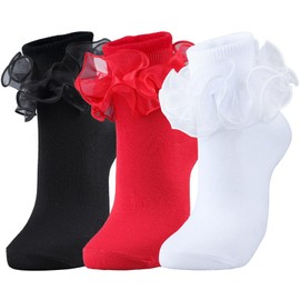 NiceBaby Big Ruffle Socks Women, Cotton Comfort Ankle Ribbed Turn-Cuff Double Lace Cute Frilly Crew Socks Size 5-9 White/Black/Red
