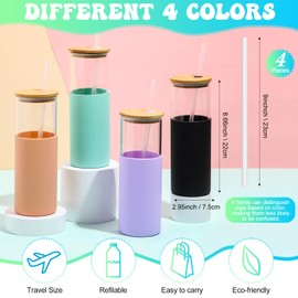 FillTouch 4 Pack Glass Tumbler with Silicone Protective Sleeve Iced Coffee Cups with Lids Straw Glass Smoothie Cup Water Bottle for Home Outdoor(Blessed Blue, Light Purple, Amber, Black, 24oz)
