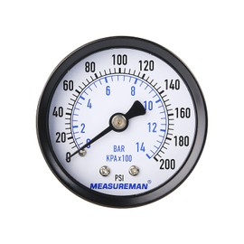 Measureman 2" Well Pump Pressure Gauge, 0-200psi/bar, 1/4" NPT Male with 1/2" NPT Adaptor, +/-3-2-3% Accuracy，Back Mount
