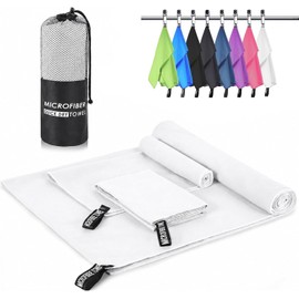Toallas de Microfibra 3 Pack –Súper Absorbentes, Secado Rápido, Ligeras y Portátiles para Viaje, Playa, Natación, Yoga, Gimnasio, Camping – Incluye Bolsa (Blanco, 3 Pack-152x76 + 80x40 + 40x40)