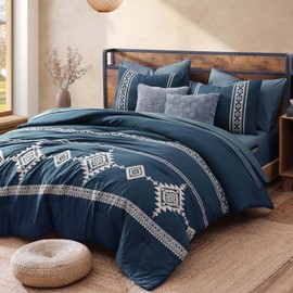 MAIREVE Embroidery Full Size Comforter Set Navy Blue, Farmhouse Western Boho Bedding Set 7 Pieces, All Season Bed in A Bag Comforter Set with Sheets, Pillowcases & Shams