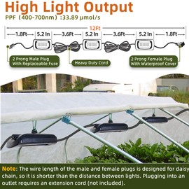 Owleye 12FT Outdoor Grow Lights LED String Plant Light, IP65 Waterproof, Full Spectrum, 120V, ETL Listed, 33.89 umol/s, Linkable Grow Light for Greenhouse & Outdoor Garden & Raised Bed (3-Bulbs)