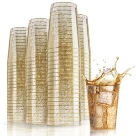 KOOSREEL Plastic Cups, 285ml/10oz Plastic Party Cups with Gold Glitter Reusable Plastic Glasses, Tumblers, Gold Cups for Drinks, Cocktail, Dessert, Wedding, Parties,Christmas