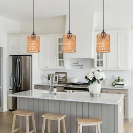 Berliget Rattan Pendant Lights Kitchen Island, 3 Pack Farmhouse Chandelier Lighting with Hand Woven Wicker Shade, Boho Pendant Light Fixtures Ceiling Hanging for Dining Room Bedroom Foyer Hallway