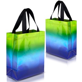 Nush Nush Holographic Gradient Gift Bags Medium Size – Set of 12 Blue & Green Reusable Gift Bags in Bulk With Handles - Party Favor Bags, Birthday Bags, Goodie Bags, Goody Bags - 8Wx4Dx10 H
