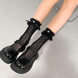 FASELE Women's Crew Socks, Ribbon, Lace, Floral Pattern, Heart Pearl, Lolita Socks, Lotita, Cute, Stylish, Thin, JK, Uniform, For Work or School Commutes, Spring, Summer, Autumn, 8.7 - 9.8 inches (22