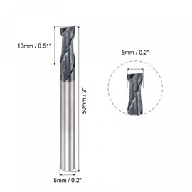 sourcing map Square Nose End Mill, 5mm Tip Dia Solid Carbide AlTiN Coated CNC Router Bits 2 Flute Spiral Milling Cutter HRC45 with 5mm Shank 50mm (2-inch) Length