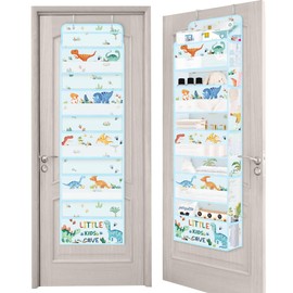 Clastyle Blue Dinosaur Kids Over the Door Organizer with 5 Large Pockets Nursery Hanging Storage Organizer Clothes Diaper Toy Claws Cave Closet Door Hanging Shelf Storage for Bedroom Bathroom Pantry