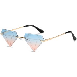 Rimless Diamond-shaped Sunglasses Female Tinted Triangle Eyewear Vintage Bling Transparent Glasses for Women Men (blue&pink)