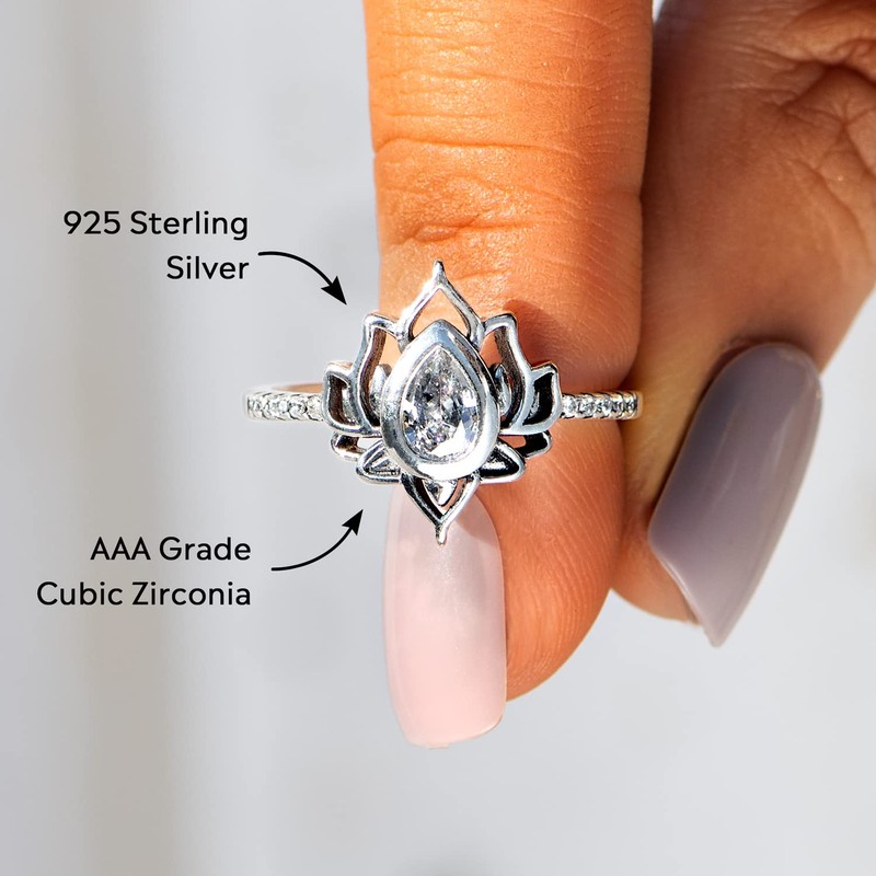 Story Jewellery Sterling Silver Cubic Zirconia Lotus Promise Rings for