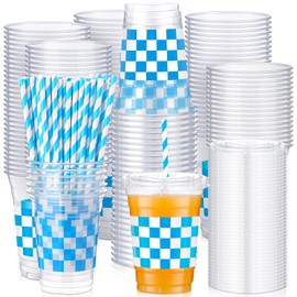 meekoo 50 Sets Oktoberfest Blue Cup with Flat Lids and Straws 12 oz Clear Blue White Checkered Disposable Plastic Cups with Lids for Oktoberfest Party Birthday Baby Shower Summer Holiday