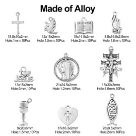 Ornazy 100pcs 10 Styles Tibetan Christian Charms Antique Silver Cross Heart Jesus Fish Charms Vintage Religious Charms for Jewelry Making Bulk