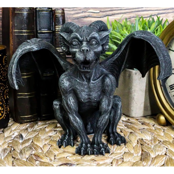 Ebros Crouching Ram Horned Gargoyle Statue in Faux Stone Finish