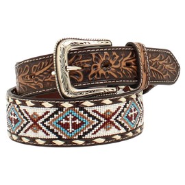 Nocona Mens Floral Tabs Beaded Buck Lacing Belt, Size 40, White