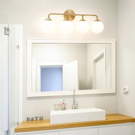 Modern Brushed Brass Bathroom Light Fixtures, Elegant Gold 4-Lights Vanity Light Fixtures, Milky White Globe Glass Shade Vanity Light over Mirror, Wall Sconces for Bathroom Dressing Table Bedroom