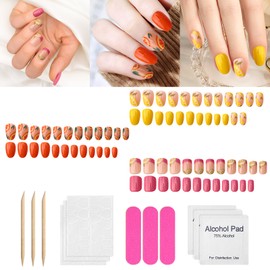 72Pcs Press on Nails Orange French Tips Fake Nails Cute Lemon Designs Glossy Glue on Nails Artificial False Nails Fruit Squoval False Nails Full Cover Stick on Nails for Women