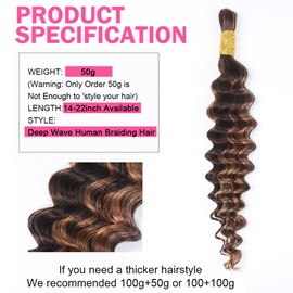 Human Braiding Hair for Boho Braids Highlight Deep Wave Bulk Human Hair for Braiding 22 Inch 1 Bundle 50G P430 Wet and Wavy Curly Ombre Bohemian Hair Extensions No Weft Bundles