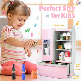 Refrigerator Toy Fridge with Ice Dispenser, Kids Pretend Play Kitchen Accessories with Toy Food Drink Bottles Milk Cans, Play Kitchen Appliances Set for Girls Age 3+, Pink