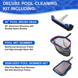 POOLAZA Deluxe Swimming Pool Cleaning Kit Including 20'' Pool Brush Head & Heavy Duty Pool Nets for Cleaning (17.5''Pool Net Skimmer & Semi-deep Ultra Fine Mesh Pool Skimmer Net with Aluminum Frame)