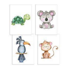 Presentou Set of 4 Animal Pictures Economy Set | Children's Room Poster Wall Pictures Decoration | Cute Painted Watercolour Look | Forest Africa Safari | DIN A4 Premium Paper (Dungle Animals 1 -