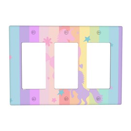 Cute Purple Pink Rainbow Unicorn 3 Gang Rocker Outlet Covers Triple Rocker Light Switch Cover Switchplates Wall Plate Decorative Electrical Faceplate for Nursery Girls Boys Room Kids Room Decor