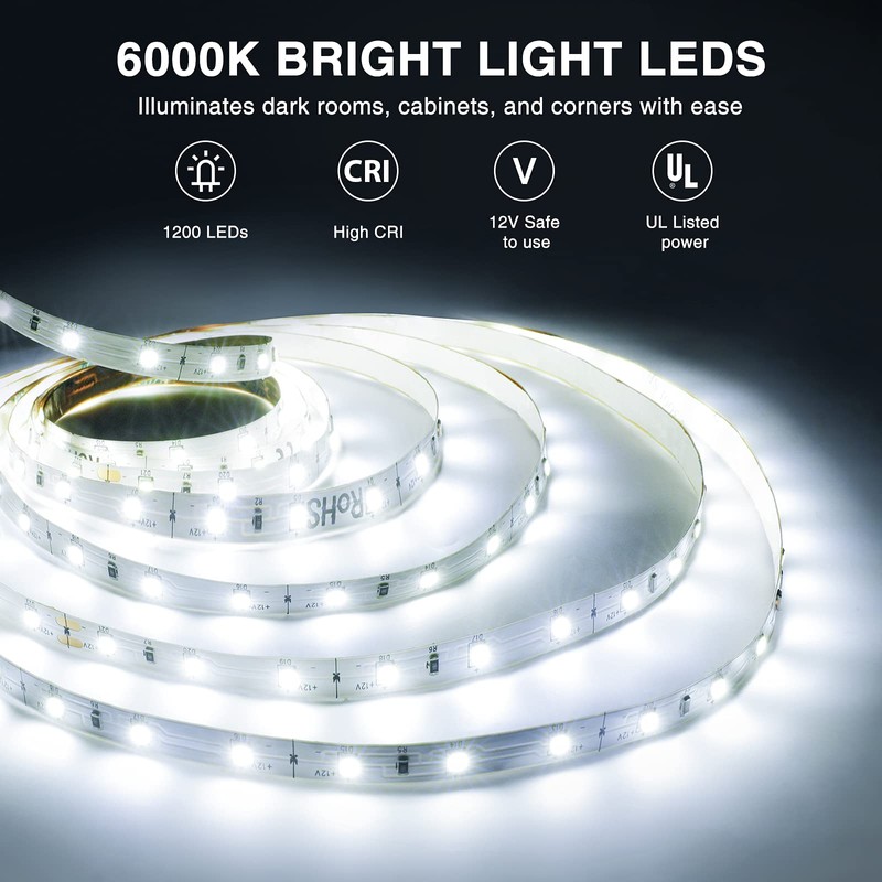 Onforu LED Strip Lighting Bright White, 65.6ft 6000K Dimmable Daylight