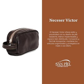 SAN PIEL | Neceser Victor en Piel Hombre Color Café | Bolsa Aseo Compacta y Elegante | Organizador Viaje con Asa Lateral y Cierre Metálico | Accesorio Premium Cuidado Personal Masculino