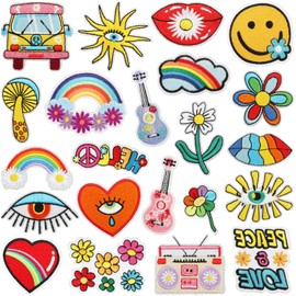 22 piezas de parches termoadhesivos Groovy Hippie para ropa, apliques bordados coloridos retro con arcoíris, flores, ojos, guitarra, paz y amor para mochilas, chaquetas, manualidades DIY