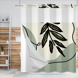 Baocicco No Hook Sage Green Shower Curtain with Snap-in Fabric Liner - Black Lines Art Abstract Leaf Hotel Double Layer Waterproof Set for Bathtubs - 71x74 Inch