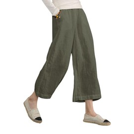 ECUPPER Women's Linen Blend Cropped/Capri Pants Wide Leg Casual Elastic Waist High Rise Pants with Drawstring Green 12-14