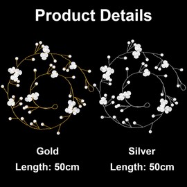 HINZIC 2Pcs Wedding Bridal Hair Vine, 20'' Pearl Head Piece Extra Long Flower Headband Hair Accessories for Bride Bridesmaid Women Girls Hair Jewelry Birthday Party Prom Festival(Sliver, Gold)