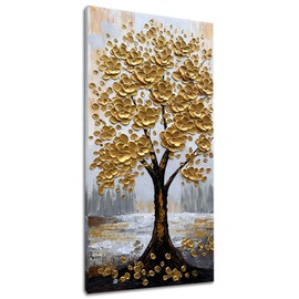 zoinart 3D Modern Oil Paintings, Gold Fortune Tree Painting, Abstract Vertical Canvas Wall Art, Floral Wall Painting for Dining Room Hallway Living Room Wall Decor 48x24 Inches