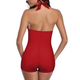 Traje de baño retro para mujer, traje de baño clásico de una pieza para mujer, control de abdomen y pierna de niño fruncida, traje de baño push-up, A Vacation Red, 14-16