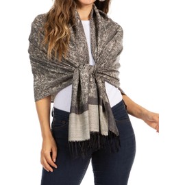Sakkas Two Tone Vintage Jacquard Paisley Pashmina Shawl Wrap Scarf Stole - Black/Gray paisley