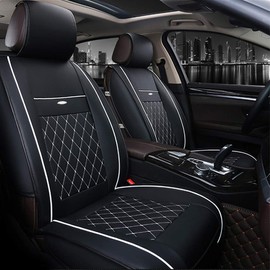 otoez 5 Seats Leather Car Seat Covers Faux Leatherette Automotive Seat Covers Full Set Universal Fit for Most Sedan SUV Truck Waterproof Vehicle Cushion Cover Protector (No Pillows, Black & White)