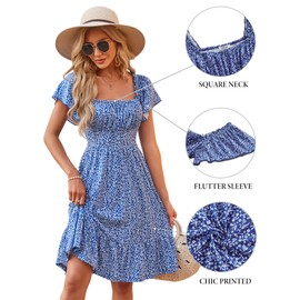 TORARY Womens Summer Dresses 2024 Fit Flutter Sleeve Ruffle Casual Spring Off The Shoulder Dress Blue Floral