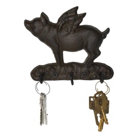 Ebros Gift Cast Iron Whimsical Flying Pig Angel 3-Peg Wall Hook Decorative Sculpture
