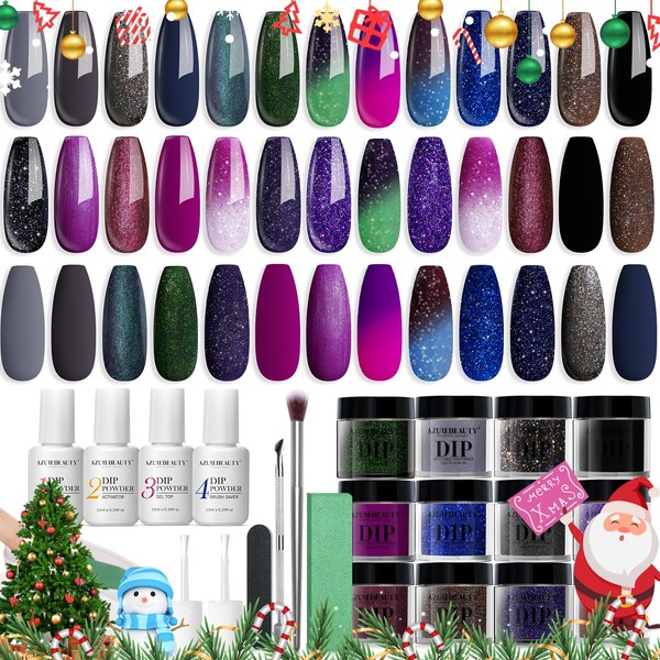 AZUREBEAUTY 31Pcs Dip Powder Nail Kit Starter, 20 Colors Color Changing Glitter Purple Green Christmas Gift Dipping Powder Liquid Set with Base/Top Coat for French Nails Manicure Beginner DIY Salon