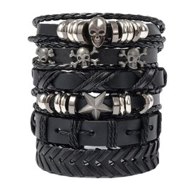 Punk Leather Cuff Bracelet for Men Women Goth Leather Wristband Skull Stackable Braided Cuff Bracelets Multi Layer Wrist Bracelets Punk Rock Jewelry (black)