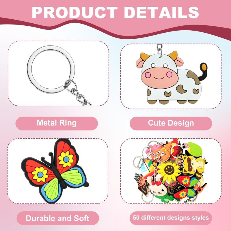 50pcs Cute Bulk Keychains for Kids,Non-Repeat Cartoon Key Chains Backpack