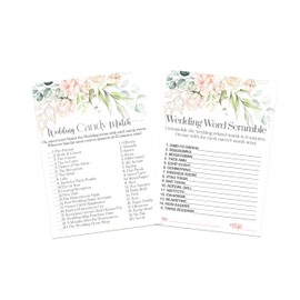 Blush Blooms Bridal Shower Games – 25 Pack, Bride Word Scramble and Candy Bar Matching Fun Wedding Reception Guest Activities, Couples Engagement Party Games, Decor Ideas, Double-Sided Card Design