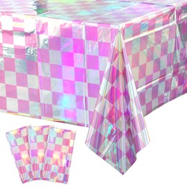 3 Pack Pink and Iridescent Checkered Plastic Tablecloth, Shiny Disposable Laser Rectangle Table Covers, Holographic Foil Tablecloth Iridescent Party Decorations for Picnic Camping Outdoor, 54x108Inch