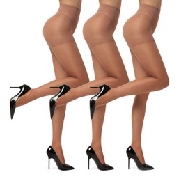 EVERSWE 3 Pairs 20D Women's Sheer Tights with Reinforced Toes (Brown, M)