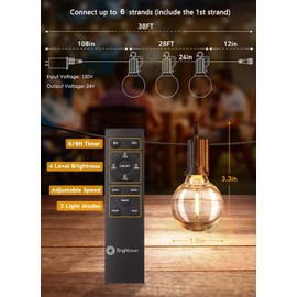 Brightown 38Ft Outdoor String Lights with Remote & 15 Shatterproof LED Bulbs - Waterproof Patio Hanging Lamps for Porch Balcony Bistro Cafe