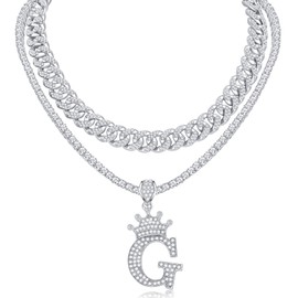 Honsny Cuban Link Chain For Women Men Silver Crown Initial Pendant Necklace Iced Out Miami Bling Diamond Tennis Chain Necklaces A-Z Letter Pendant Rapper Hip Hop Jewelry