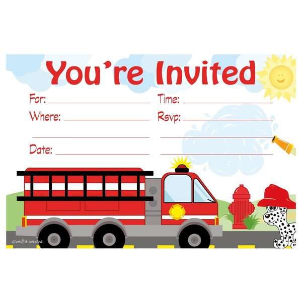 Firetruck Birthday Party Invitations - Fill In Style (20 Count) With Envelopes by m&h invites