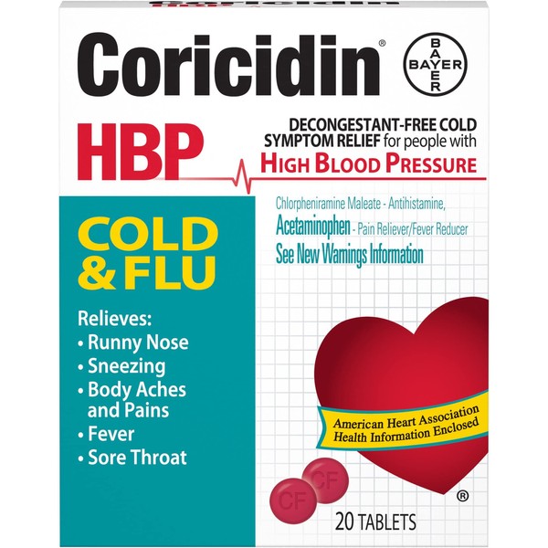 Coricidin HBP Cold & Flu Tablets, 20 ea (Pack of 3)
