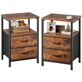 Huuger Night Stand Set of 2, Nightstand with 2 Drawers, Bed Side Table with Open Shelf, Wooden Top, End Table, Fabric Drawer, for Bedroom, Rustic Brown